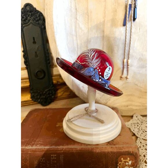 Fenton Ruby Red Hat – Hand-Painted Feather & Blue Bow – Signed 100th Anniversary